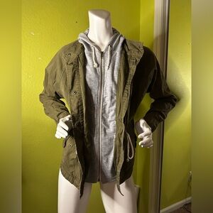 Life in Progress Green Jacket with Gray Lined Hoodie & Adjustable Strings
